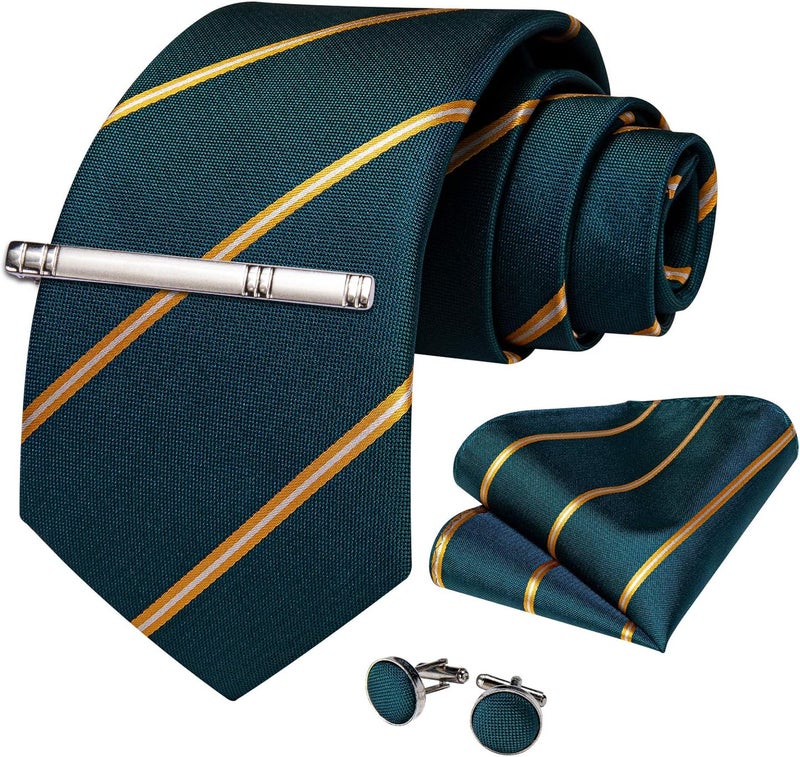 DiBanGu Mens Striped Tie Silk Woven Necktie and Pocket Square Cufflinks Tie Clip Set Wedding Business Formal Gift Tie for Men - Image 3